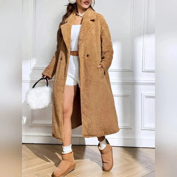 Lapel Neck Drop Shoulder Teddy Coat - Picture 2 of 7